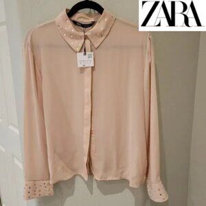 ZARA Studded collar and cuffs long sleeved blouse - Dusty Pink - Size: S NEW